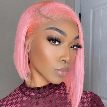 {Super Deal } Pink Bob Straight 4x4 Transparent Lace Closure Wigs (No Code Available)