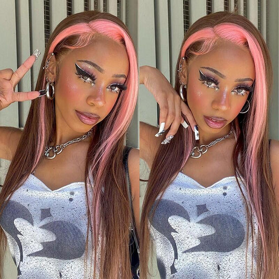 Side Part Highlight Strawberry Pink & Chocolate Skunk Stripe Colored 4x4 /13x4 Lace Front Wig 210% Density