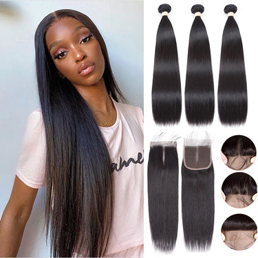 Buy 3 pcs Straight Hair Bundles Get 1 Free 5x5 Lace Closure (Free Part) 100% Brazilian Natural Human Hair Weaves