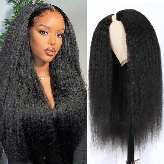 210% Density Thin V Part Wigs Glueless Kinky Straight Human Hair V Part Wig No Leave Out